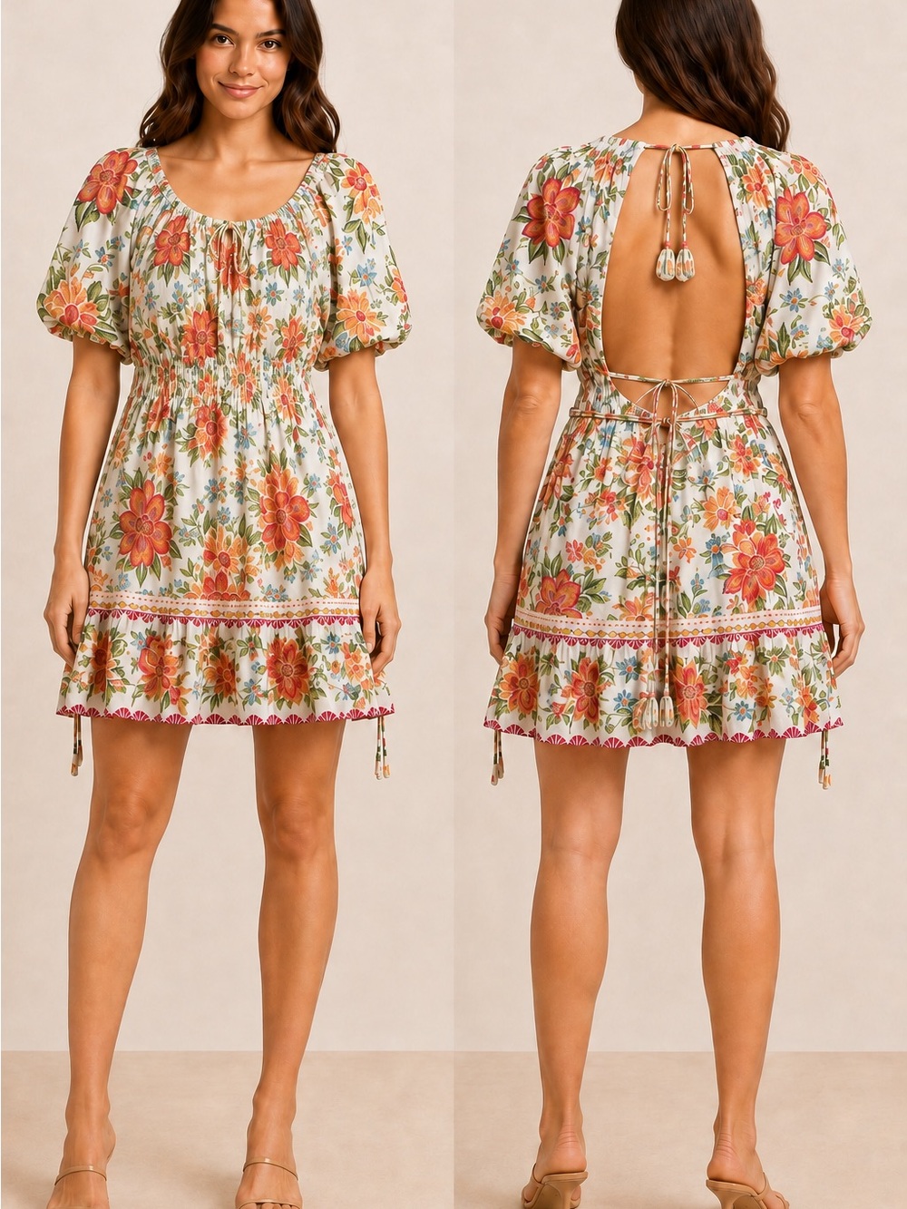 FARM Rio Bloom Garden Off-White Floral Puff Sleeve Mini Dress Size M